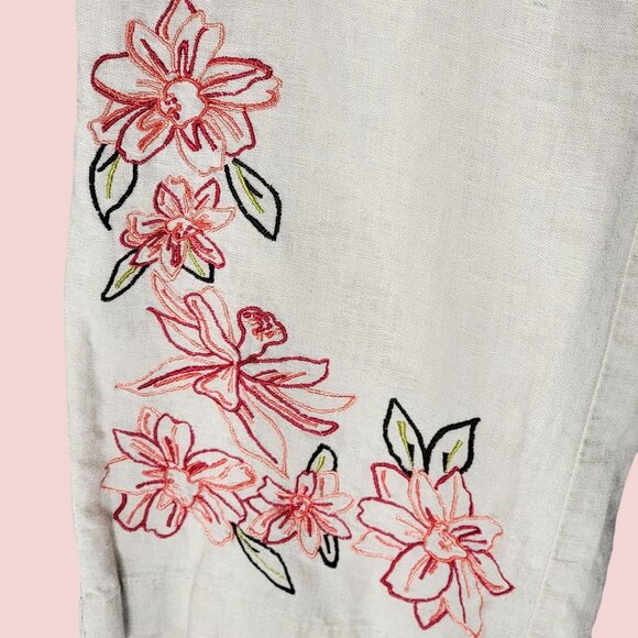 Fluent Life Linen Drawstring Casual Embroidered Pants Sz 6 Beige Neutral Floral - Picture 3 of 12